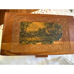 Vintage Wooden Box with Beautiful Painting and Interior Mirror - Dove Tailed